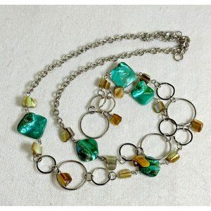 Multicolor Fashion Necklace - Silver Tone Chain & Circles - Teal, Taupe - 34"